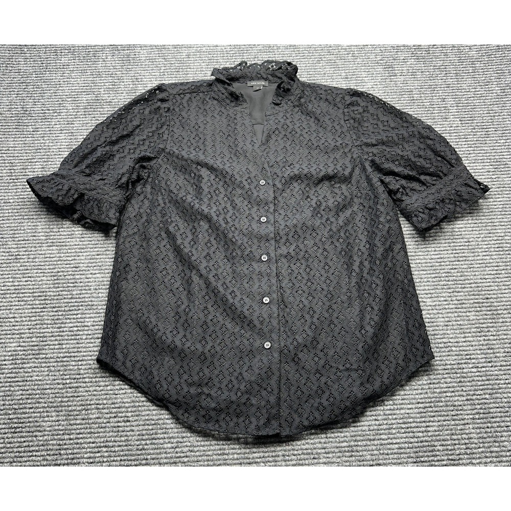 Ann Taylor Shirt Womens XS Black Lace Button Front Ruffle Mock Neck‎ Eyelet Top
